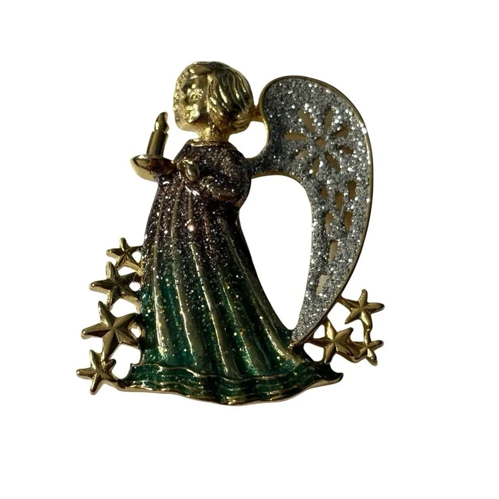 Angel Brooch Pin Religious Glitter Enamel Gold Tone Stars Holding Candle Vintage